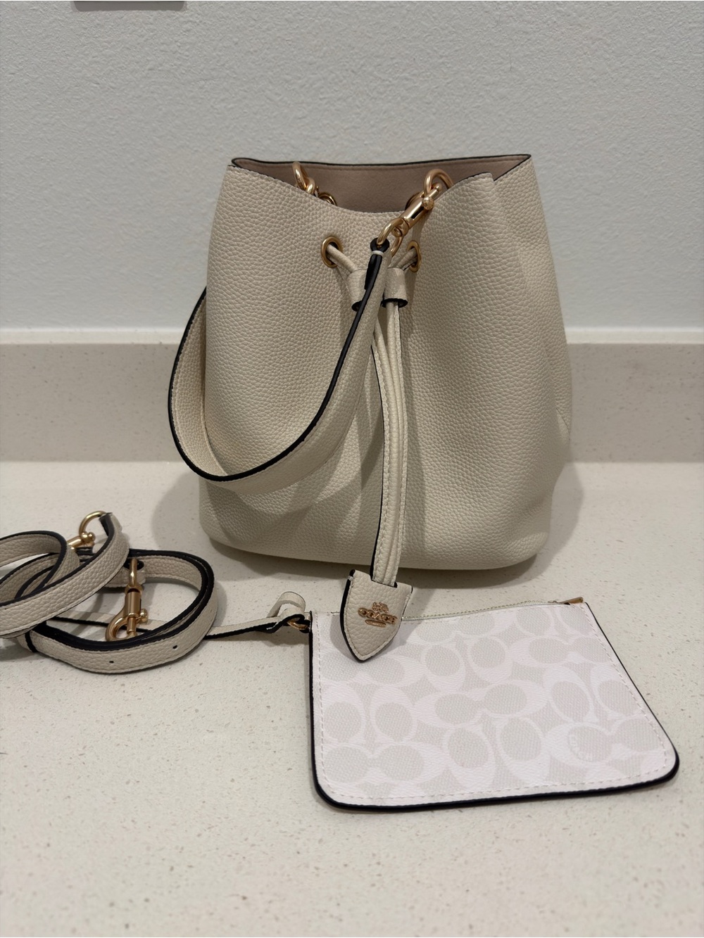 Coach Cream Pebbled Leather Bucket Shoulder Bag with Removable Logo Pouch